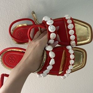 Tory Burch Sinclair Seashell Ankle-Wrap Sandal, Red sz 9.5 Shoes Flat Flip Flops